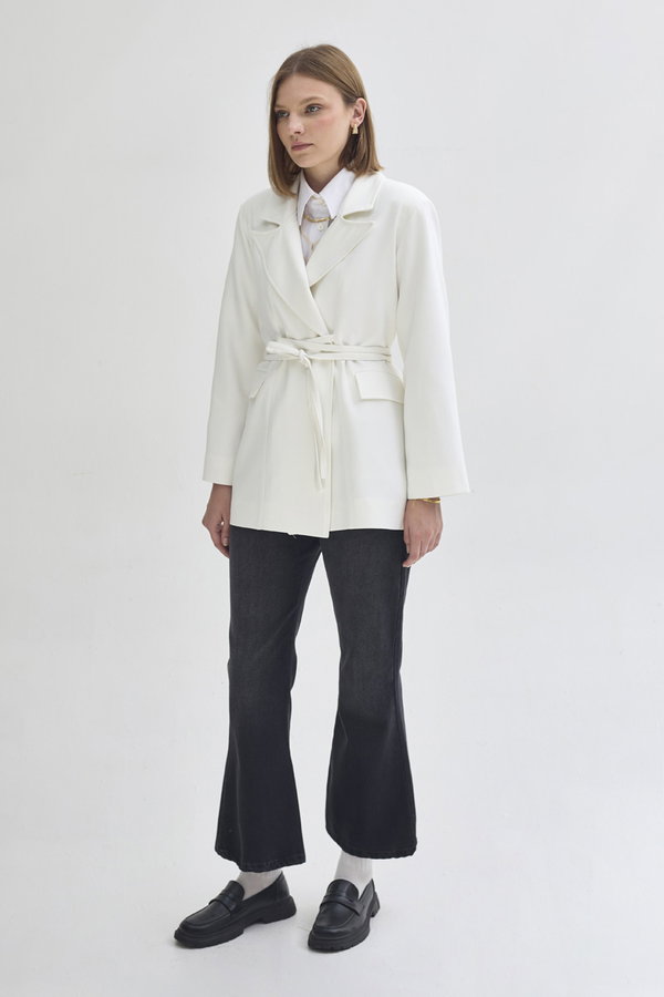 Biye Bağlamalı Blazer Ceket Beyaz - 5