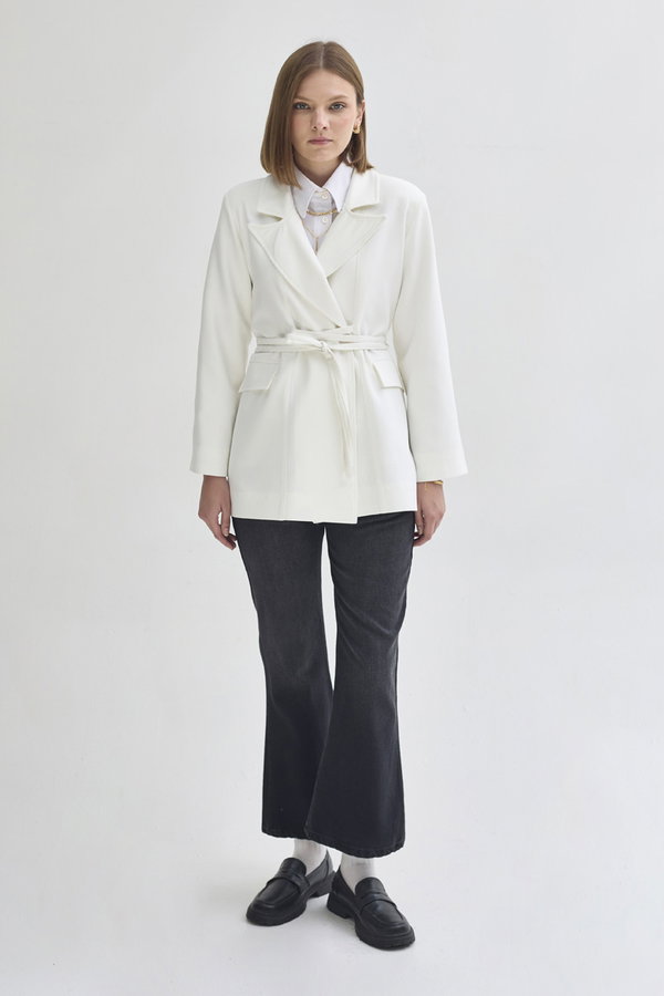 Biye Bağlamalı Blazer Ceket Beyaz - 6