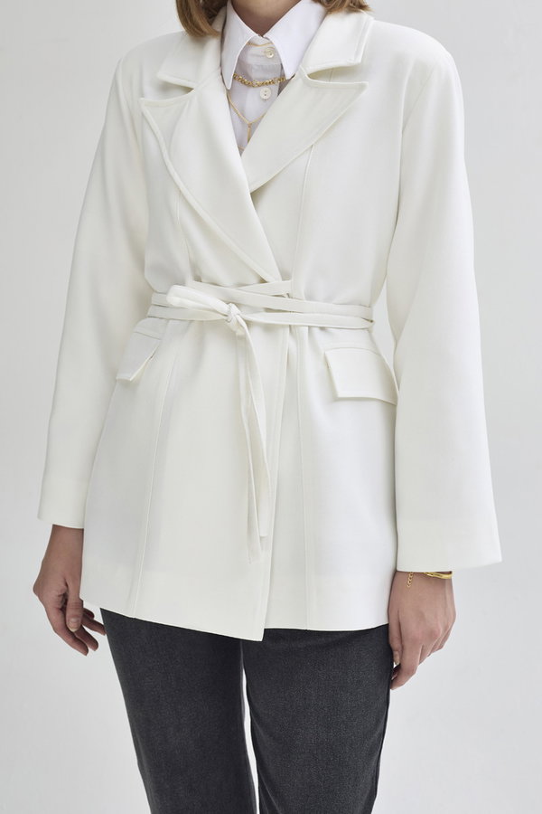 Biye Bağlamalı Blazer Ceket Beyaz - 7