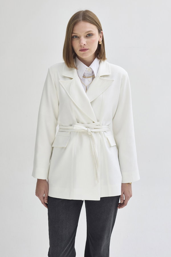 Biye Bağlamalı Blazer Ceket Beyaz - 3