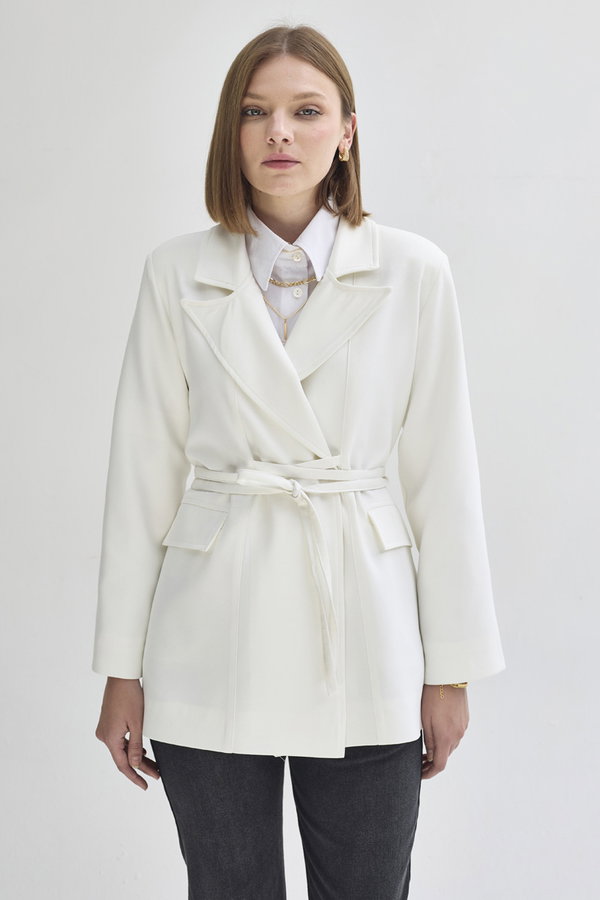Biye Bağlamalı Blazer Ceket Beyaz - 9