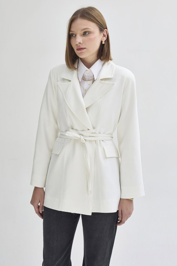 Biye Bağlamalı Blazer Ceket Beyaz - 10