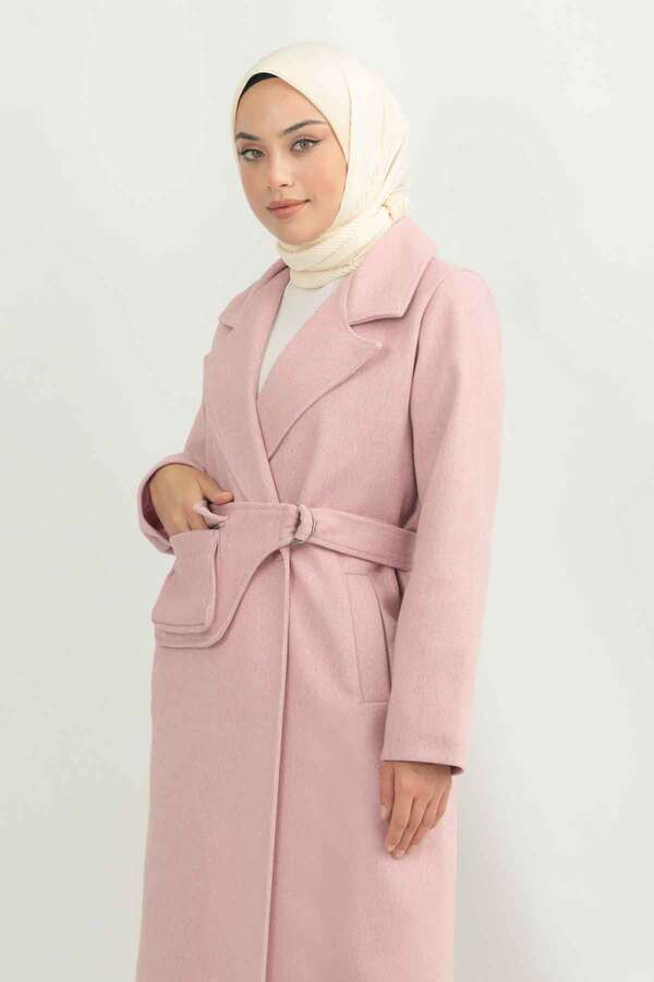 Çantalı Kaşe Kaban Pembe - 3