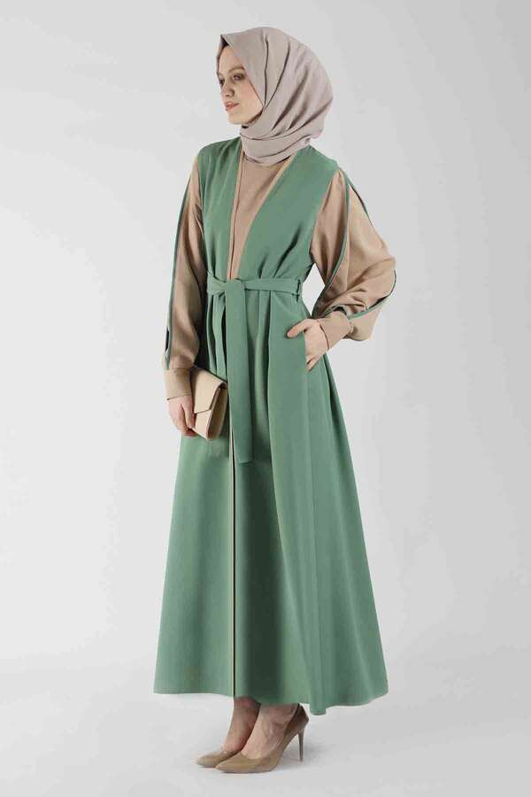 Kolları Biyeli Abaya Takım Koyu Mint - 1