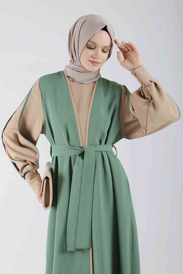 Kolları Biyeli Abaya Takım Koyu Mint - 4