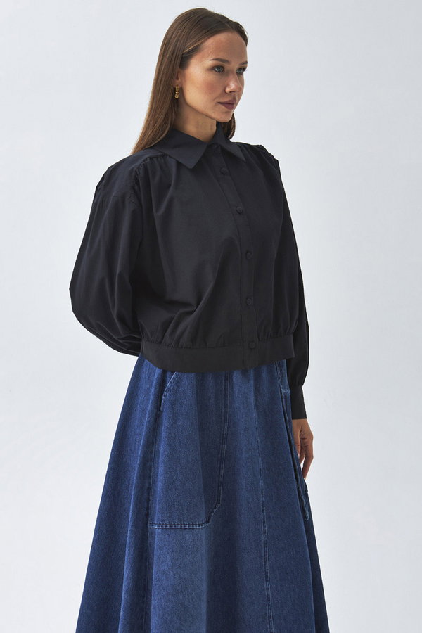 Gathered Shoulder Poplin Shirt Black (1)