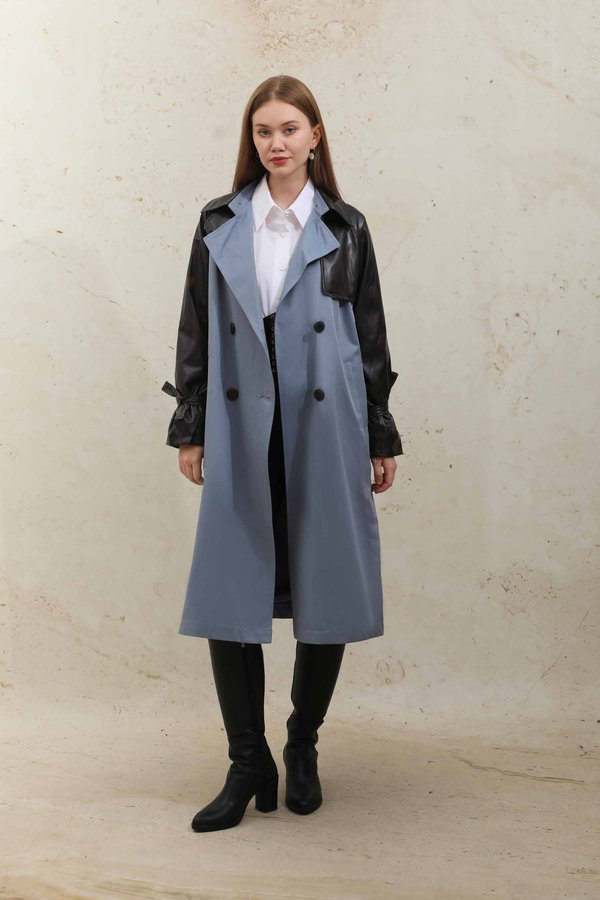 Leather Detailed Trench Coat Blue