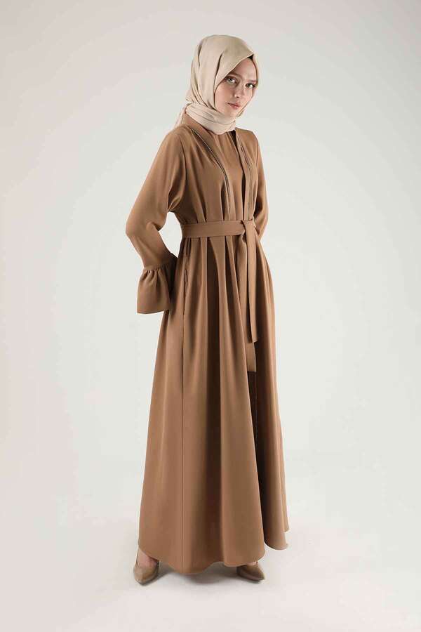 Manşeti Volanlı Taşlı Abaya Takım Taba - 3