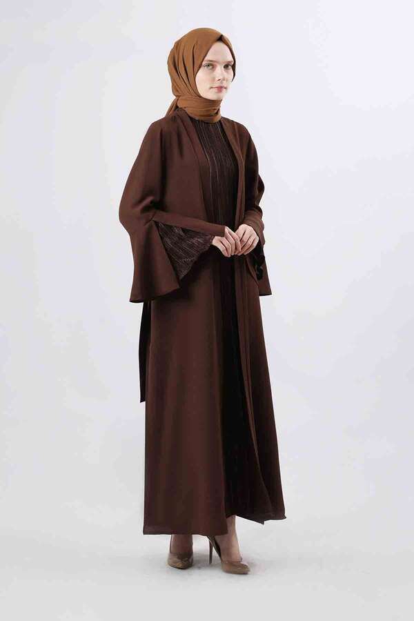 Manşeti Yırtmaçlı Abaya Takım Kahve - 1