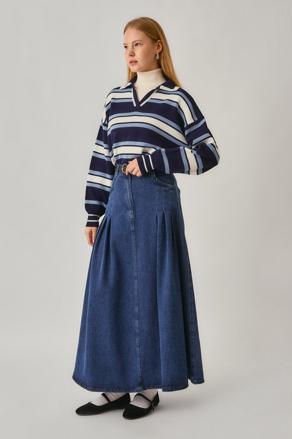 Pile Detaylı Denim Etek Açık Mavi - 2