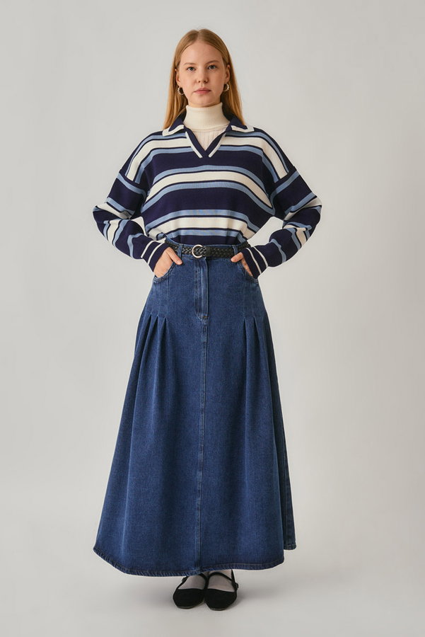 Pile Detaylı Denim Etek Açık Mavi - 5
