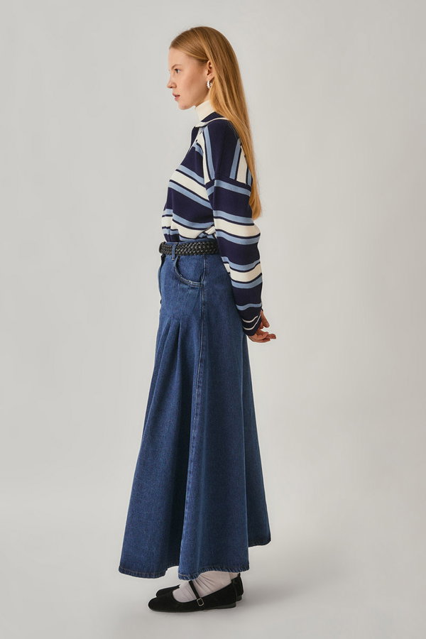 Pile Detaylı Denim Etek Açık Mavi - 6
