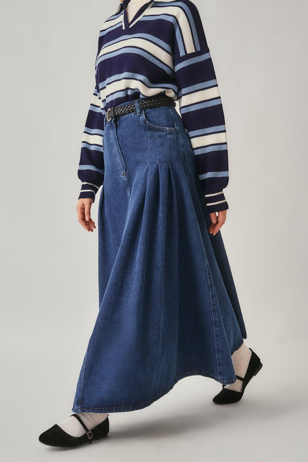 Pile Detaylı Denim Etek Açık Mavi - 1