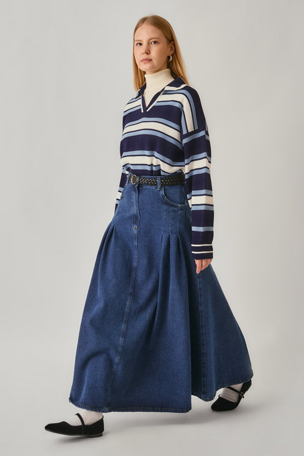 Pile Detaylı Denim Etek Açık Mavi - 4