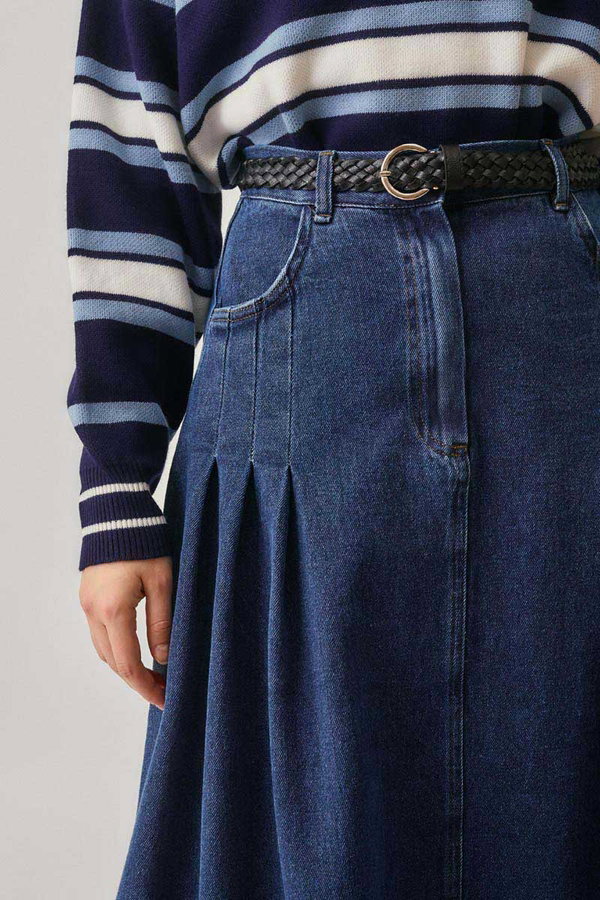 Pile Detaylı Denim Etek Açık Mavi - 7