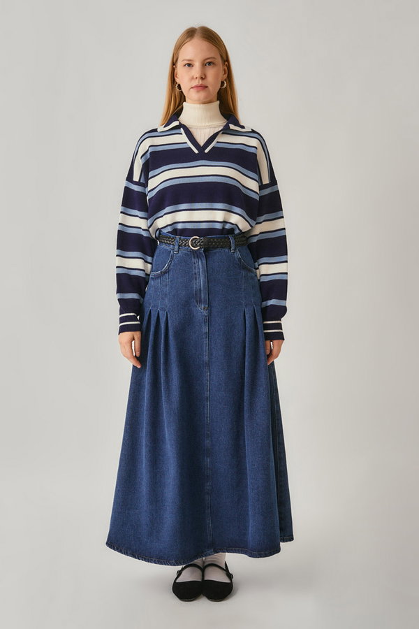 Pile Detaylı Denim Etek Açık Mavi - 8