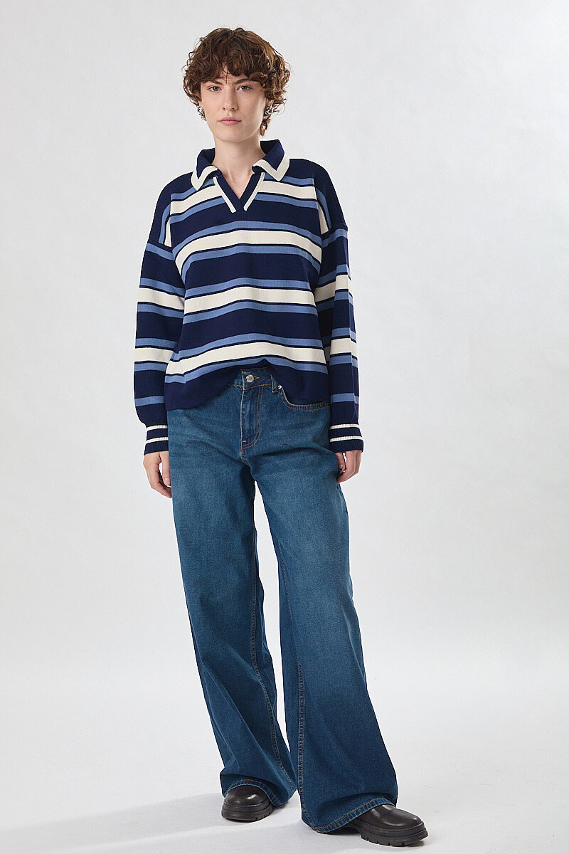 Striped Polo Sweater Navy