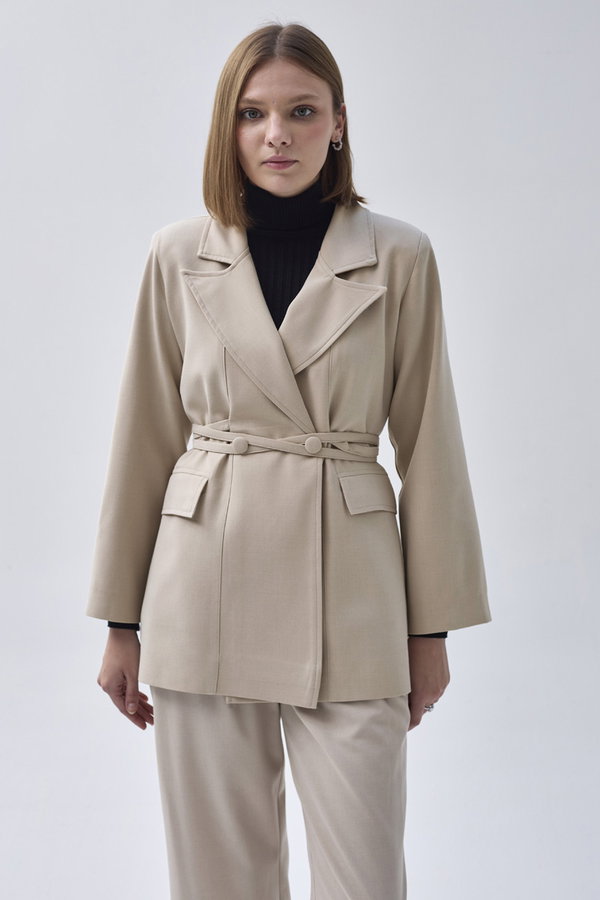Tie Detail Blazer Jacket Stone